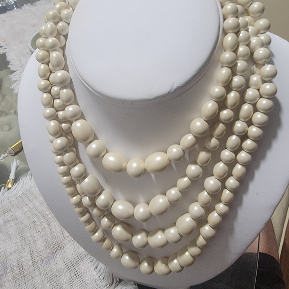 Vintage Japan Four Strand White Beads Necklace, Classy Plastic Beaded Multi - Picture 2 of 2